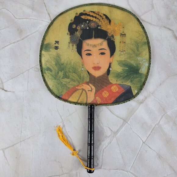 Set of 5 Chinese Silk Round Paddle Hand Fans Geisha Women Bamboo Hand Painted - Picture 13 of 16